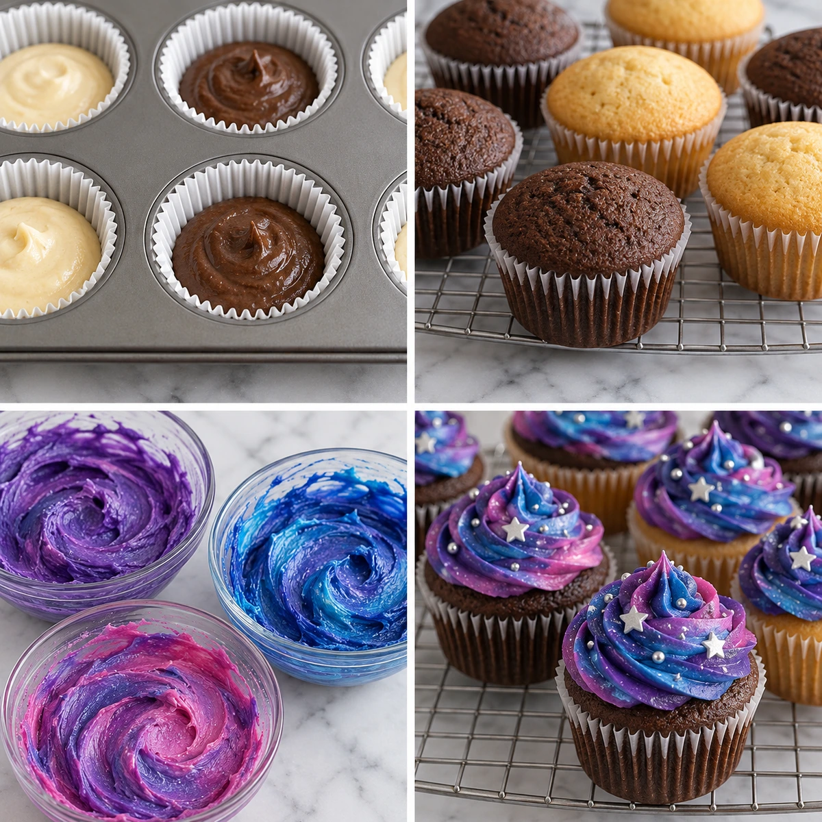 Four chronological preparation stages for Galaxy Cupcakes
