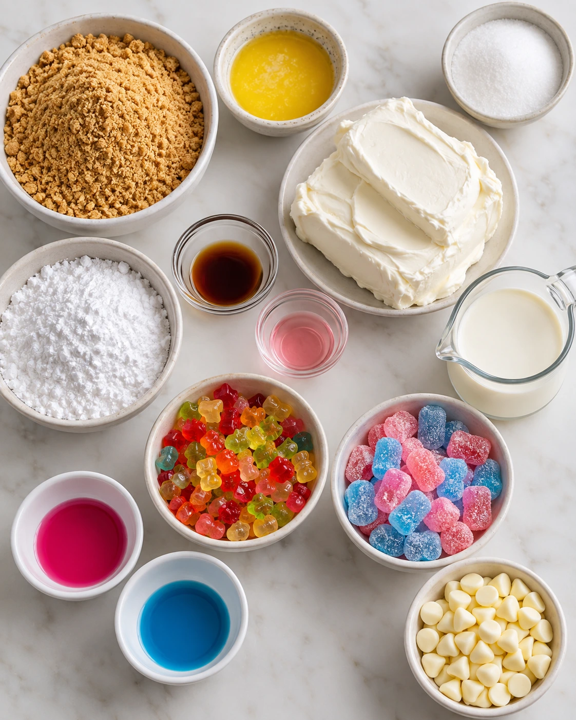 Exact measured ingredients for Gummy Cotton Candy Cheesecake Bites