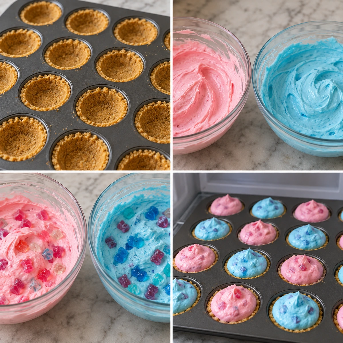 Four chronological preparation stages for Gummy Cotton Candy Cheesecake Bites