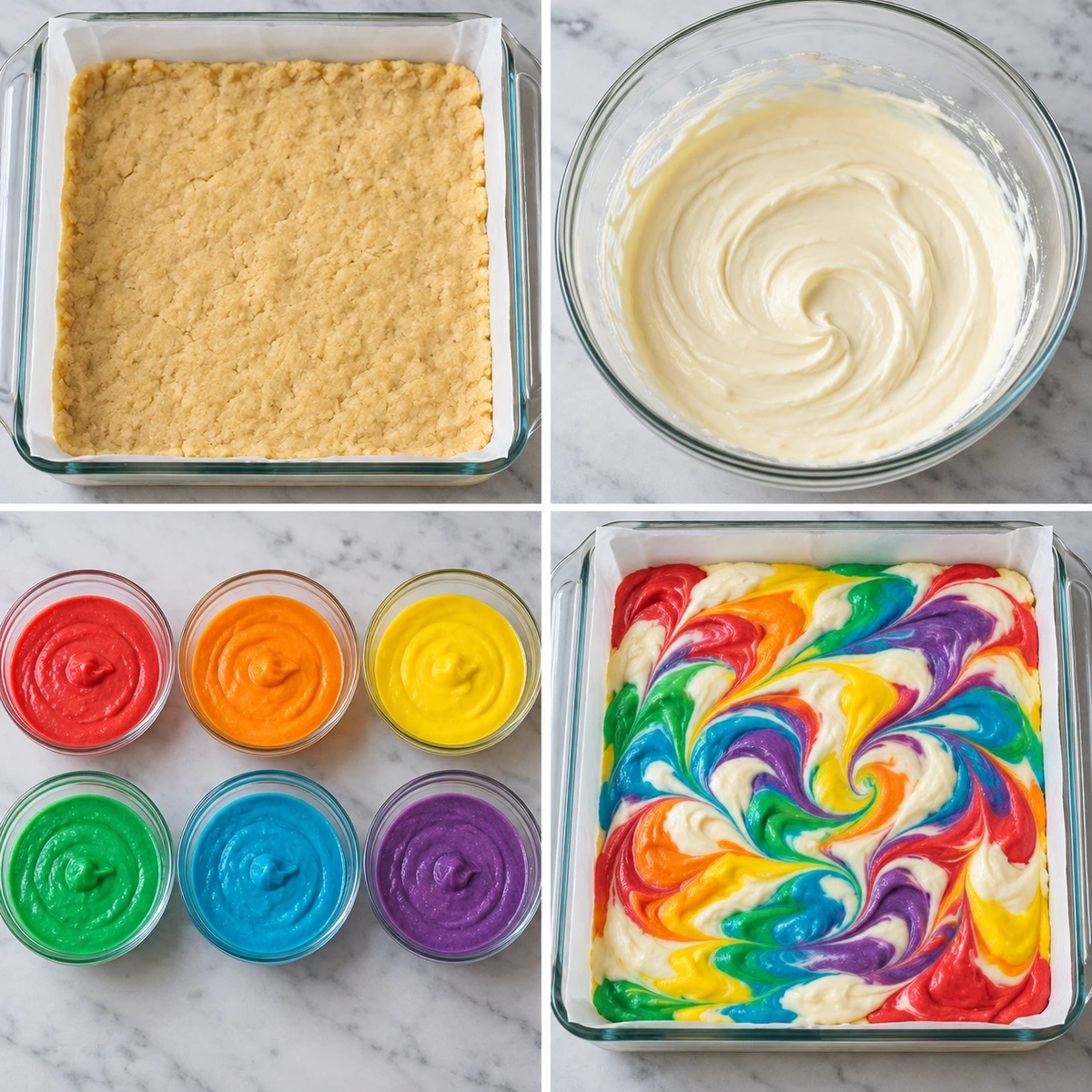 Four chronological preparation stages for Rainbow Cheesecake Swirl Bars