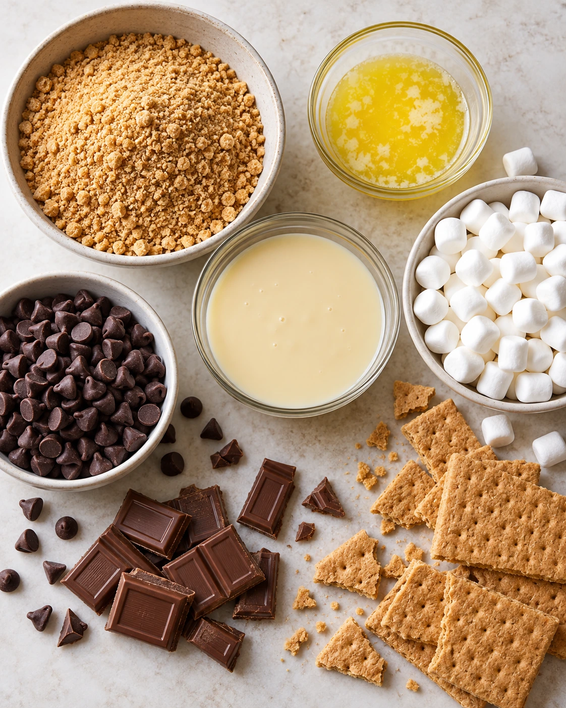 Exact measured ingredients for S'mores Seven Layer Bars