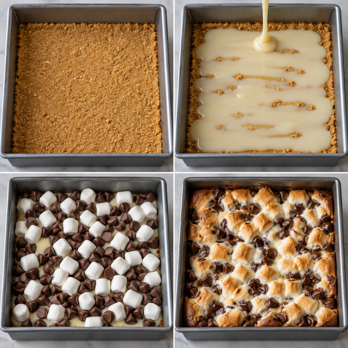 Four chronological preparation stages for S'mores Seven Layer Bars