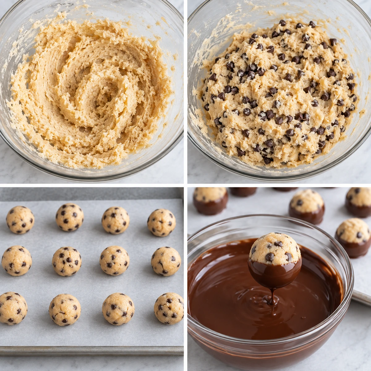 Four chronological preparation stages for Chocolate-Dipped Cookie Dough Bites