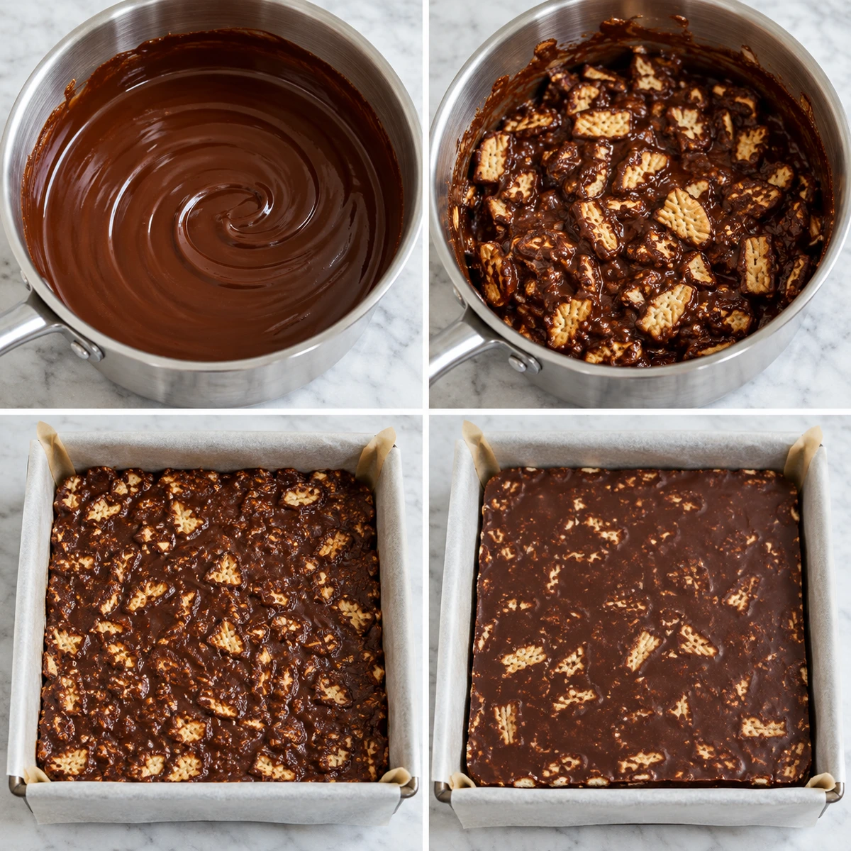 Four chronological preparation stages for No-Bake Chocolate Biscuit Bars