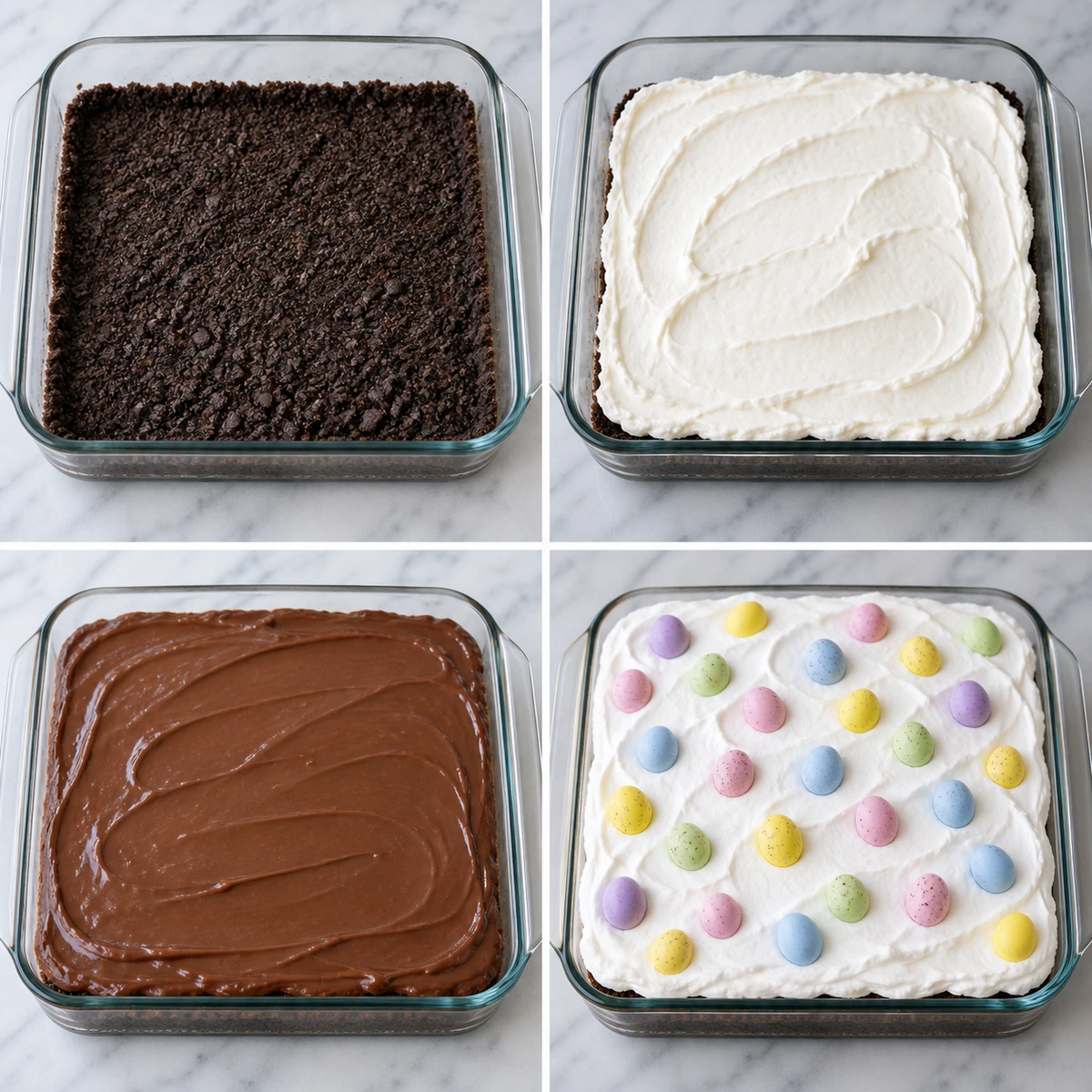 Four chronological preparation stages for Easter Chocolate Lasagna