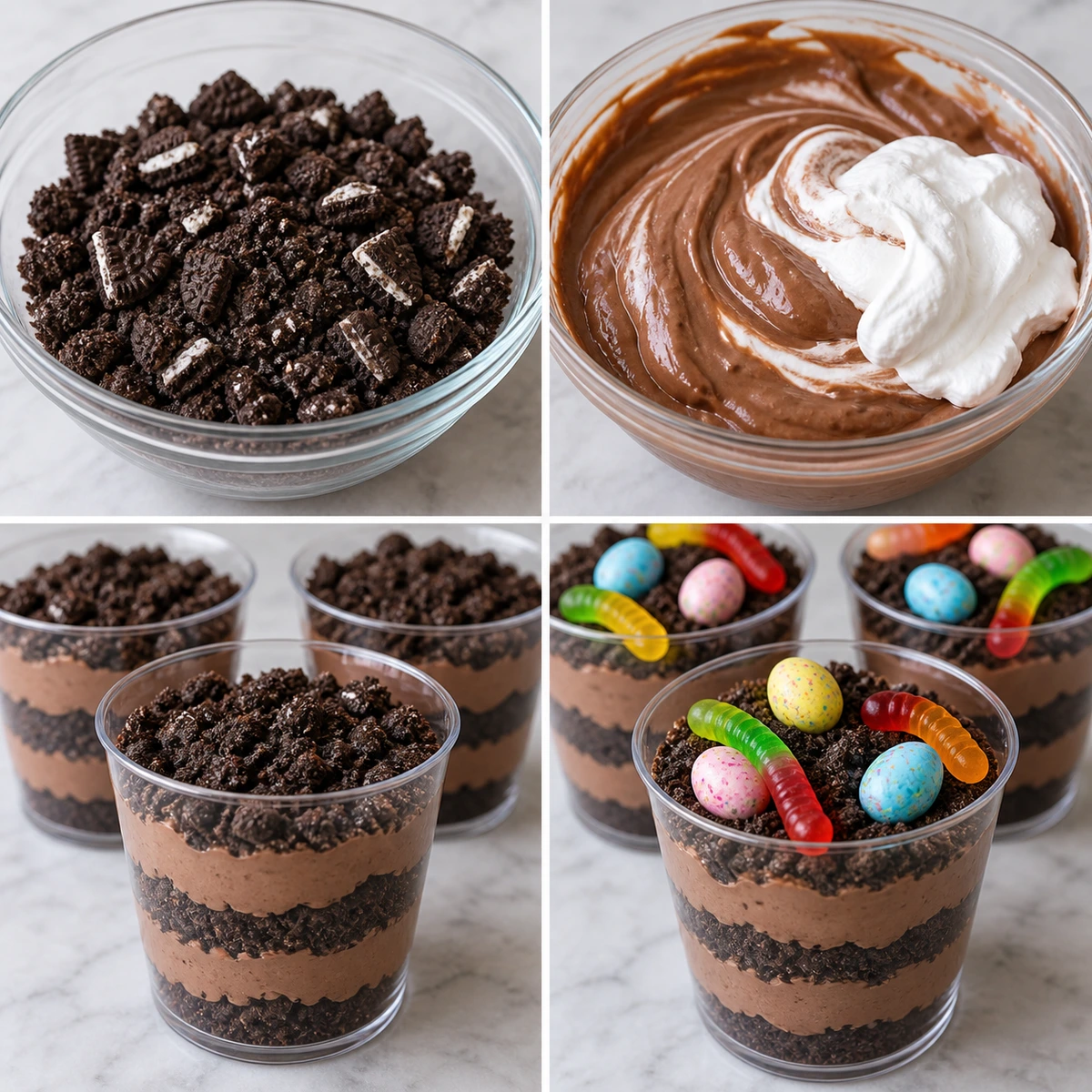 Four chronological preparation stages for Easter Dirt Cups