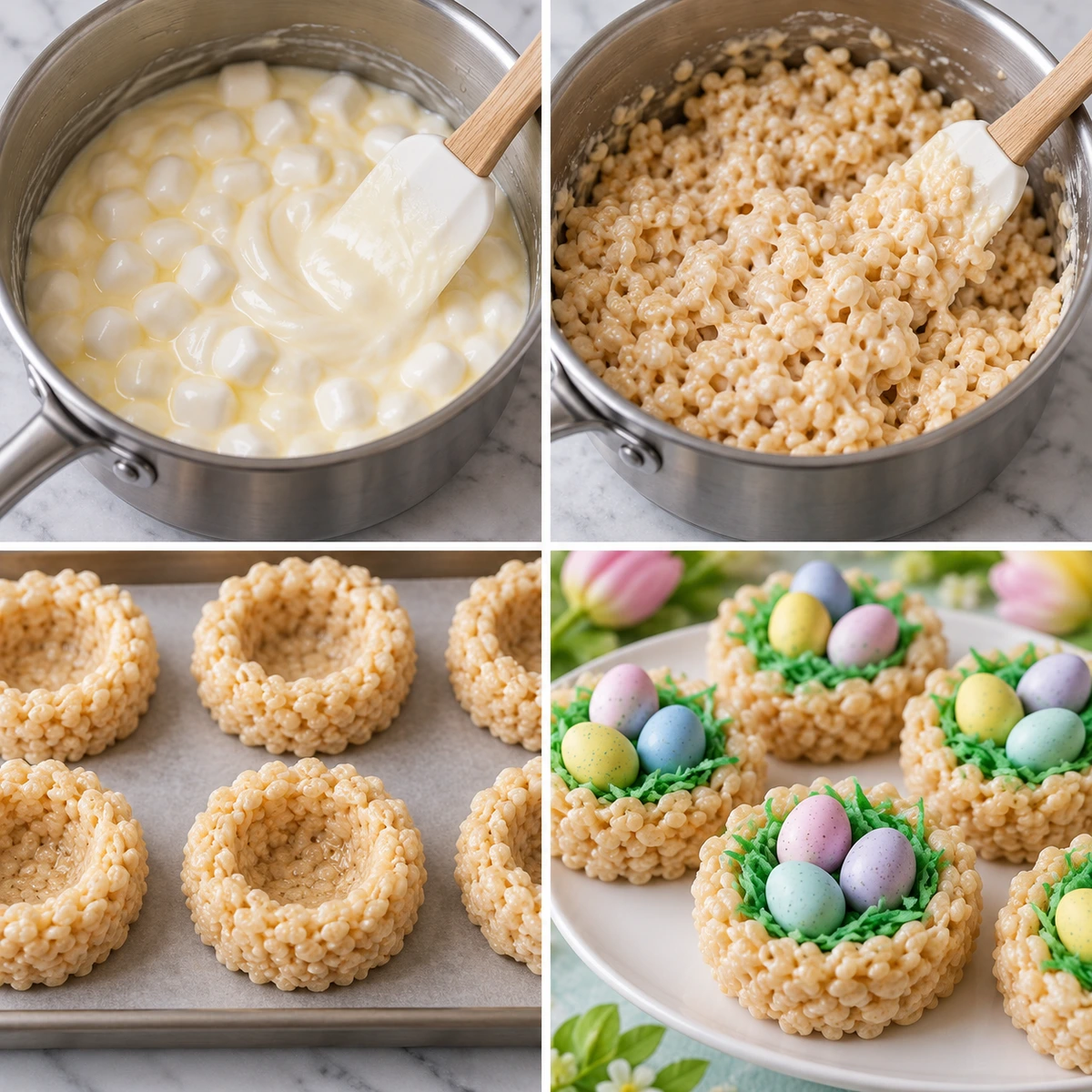 Four chronological preparation stages for Easter Rice Krispie Treats