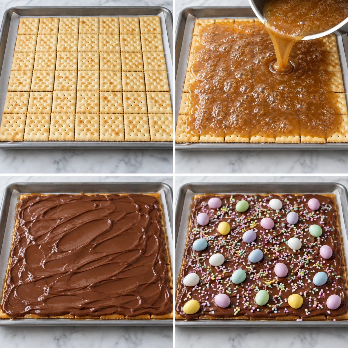 Four chronological preparation stages for Easter Toffee