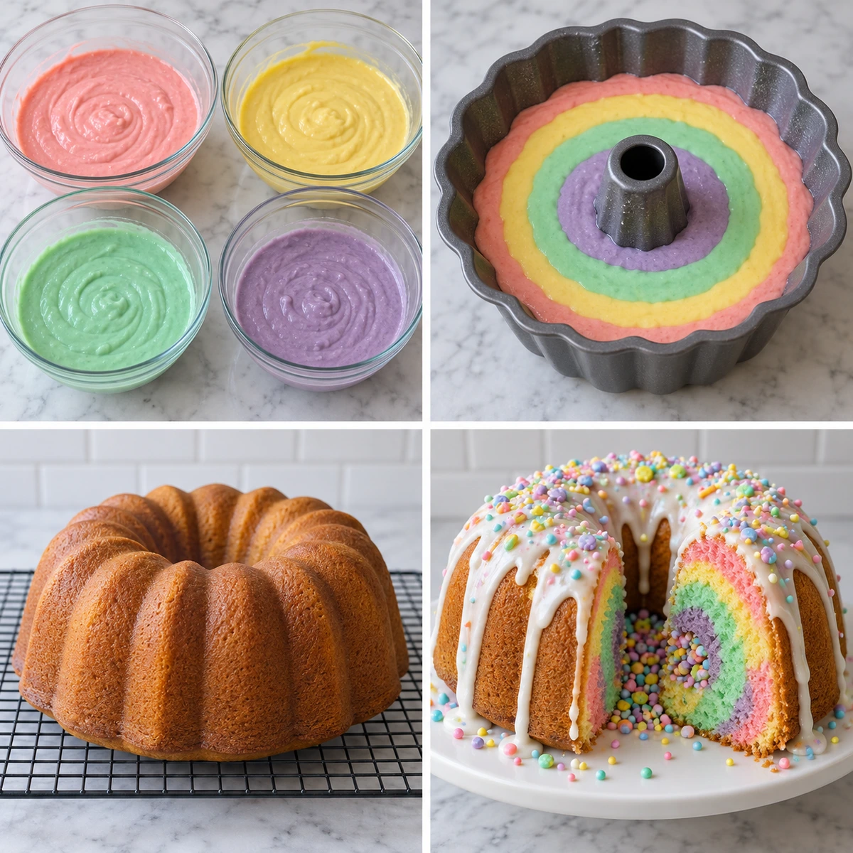 Four chronological preparation stages for Surprise Inside Easter Bundt Cakes