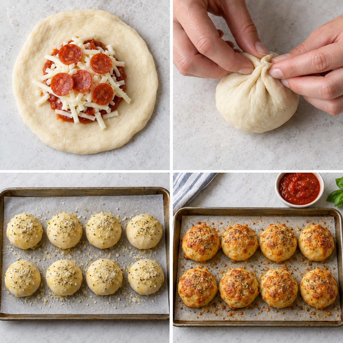 Four chronological preparation stages for Cheesy Pizza Bombs