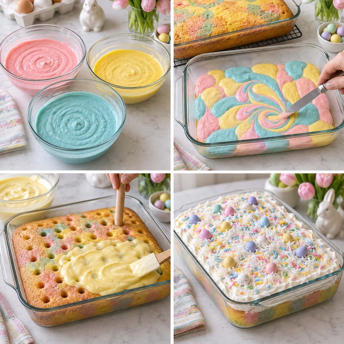 Four chronological preparation stages for Easter Poke Cake