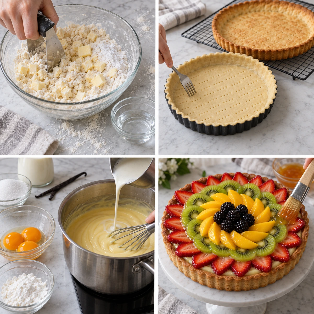 Four chronological preparation stages for Fruit Tart