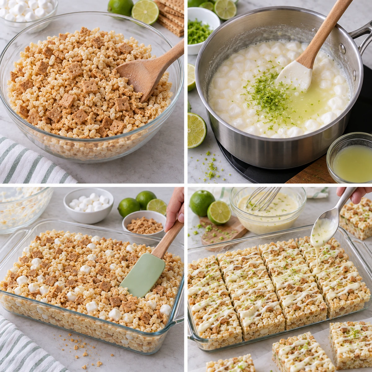 Four chronological preparation stages for Key Lime Pie Rice Treats