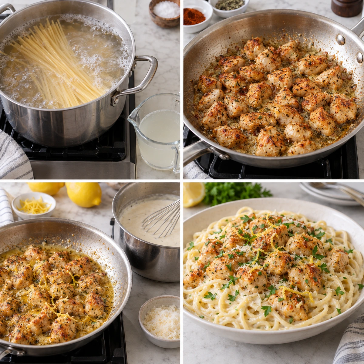 Four chronological preparation stages for Lemon Chicken with Parmesan Linguine