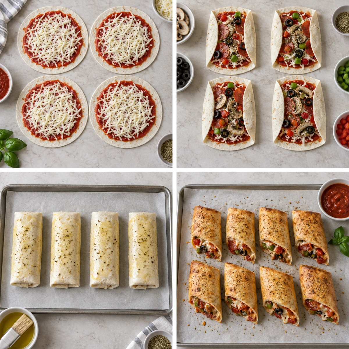 Four chronological preparation stages for Baked Pizza Wraps