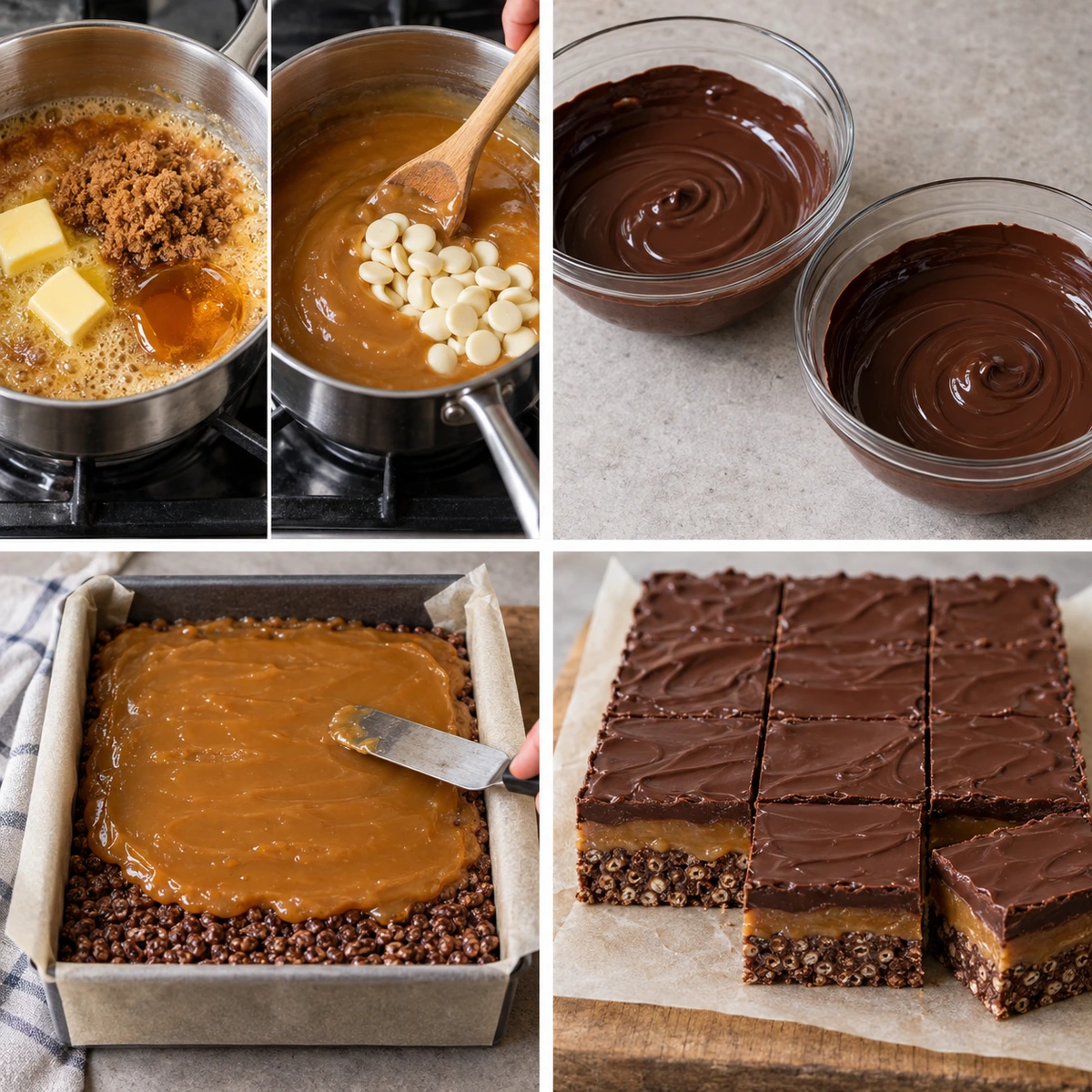 Four chronological preparation stages for Caramel Fudge Crunch Bars