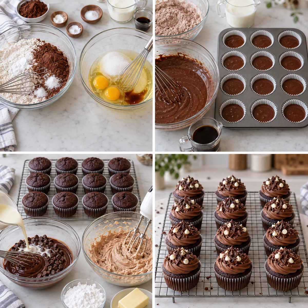 Four chronological preparation stages for Chocolate Fudge Cupcakes