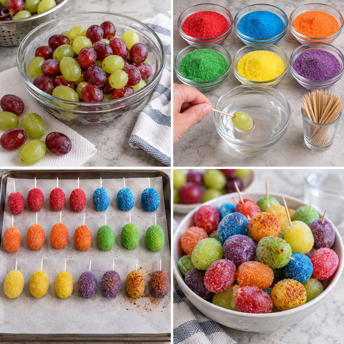 Four chronological preparation stages for Frozen Candy Grapes with Jell-O