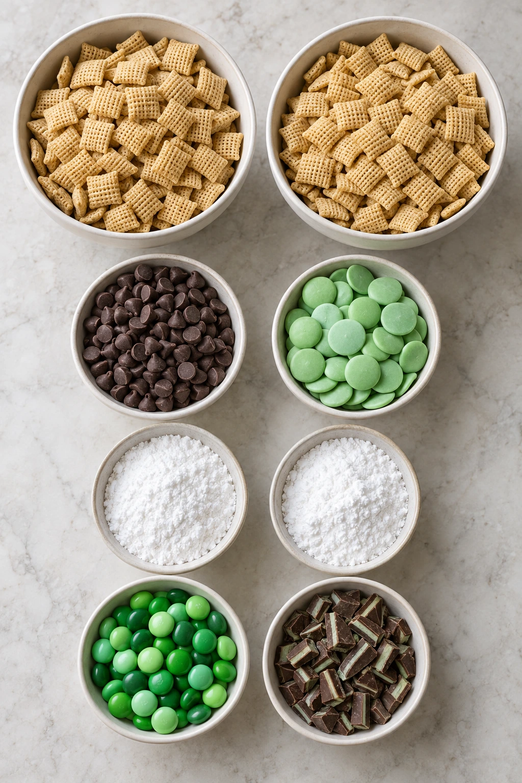 Exact measured ingredients for Mint Chocolate Muddy Buddy
