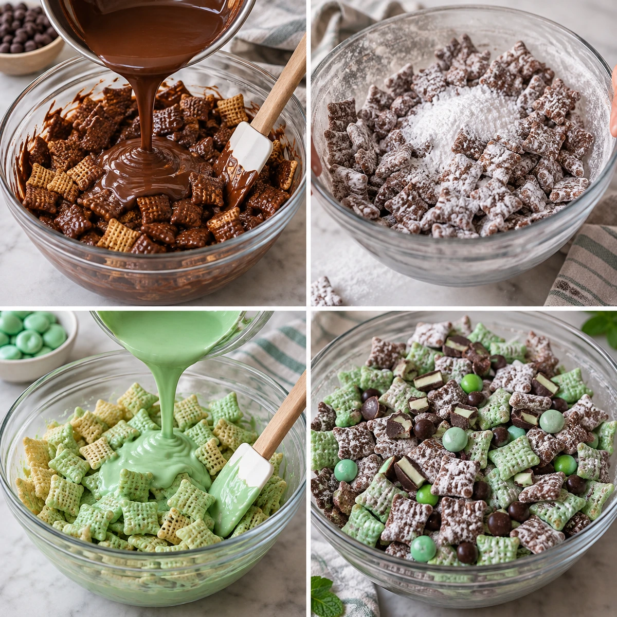 Four chronological preparation stages for Mint Chocolate Muddy Buddy
