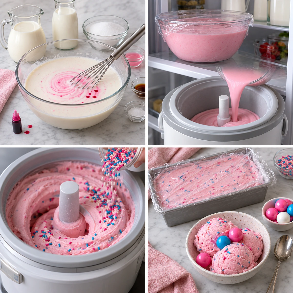 Four chronological preparation stages for Bubblegum Ice Cream