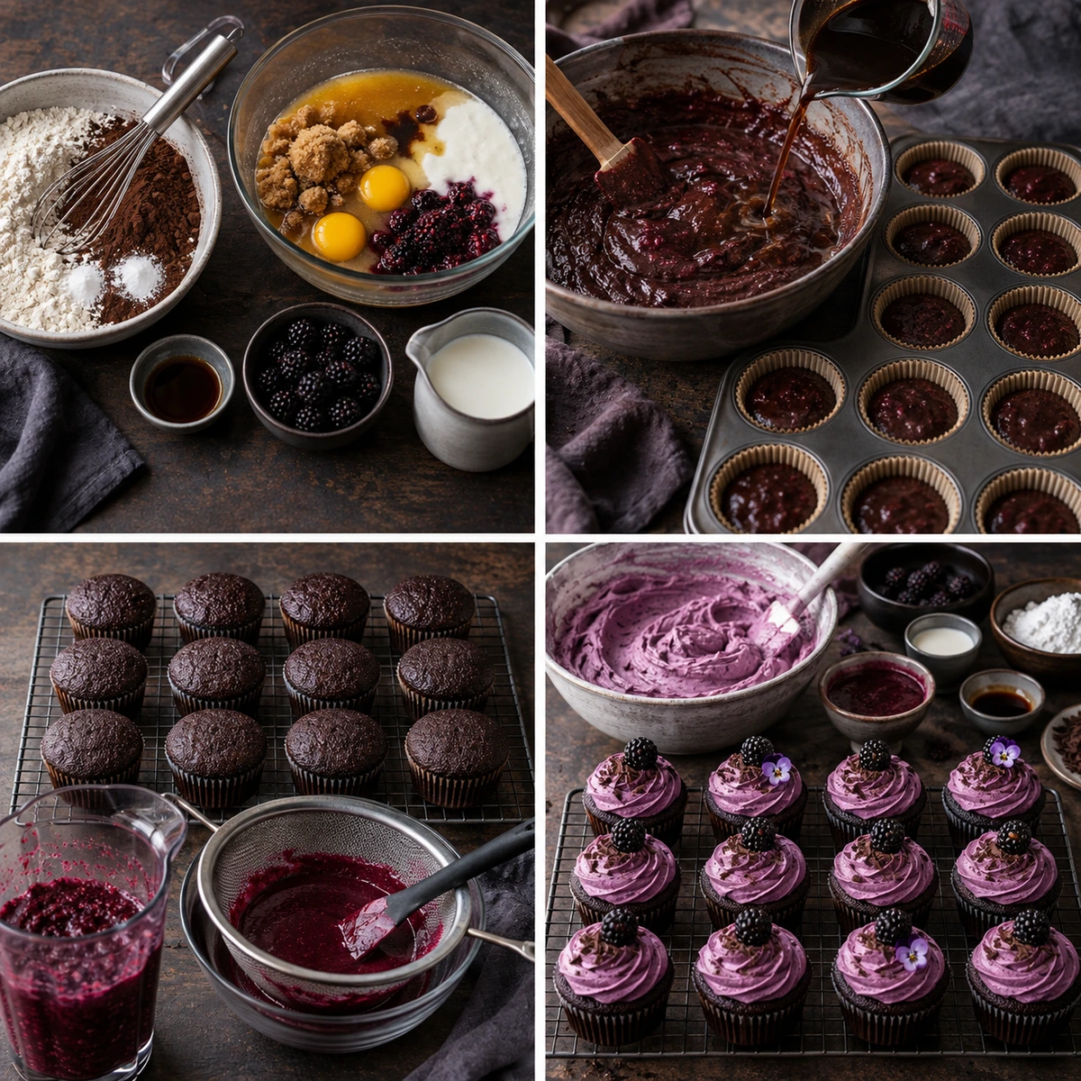 Four chronological preparation stages for Dark Chocolate Blackberry Cupcakes