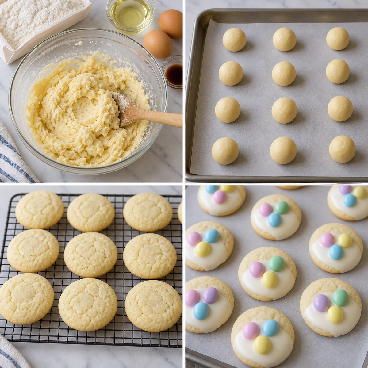 Four chronological preparation stages for Easter Cake Mix Cookies