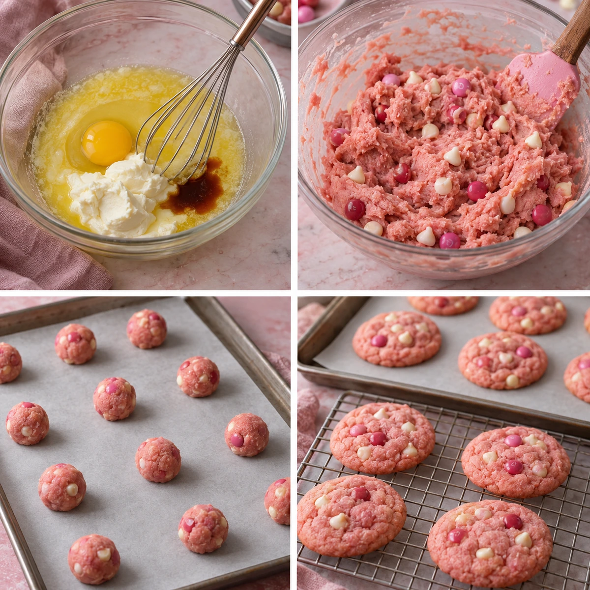 Four chronological preparation stages for Strawberry Cake Mix Cookies