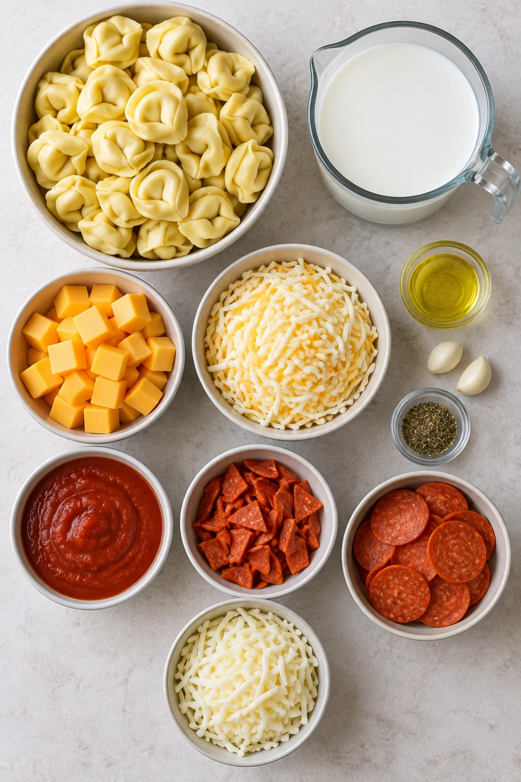 Exact measured ingredients for Cheese Tortellini Pepperoni Pizza Casserole