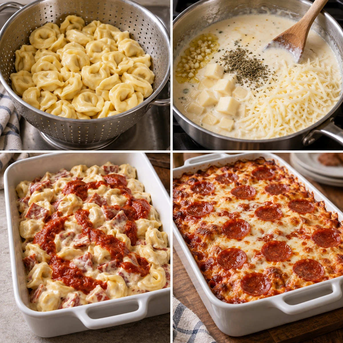 Four chronological preparation stages for Cheese Tortellini Pepperoni Pizza Casserole