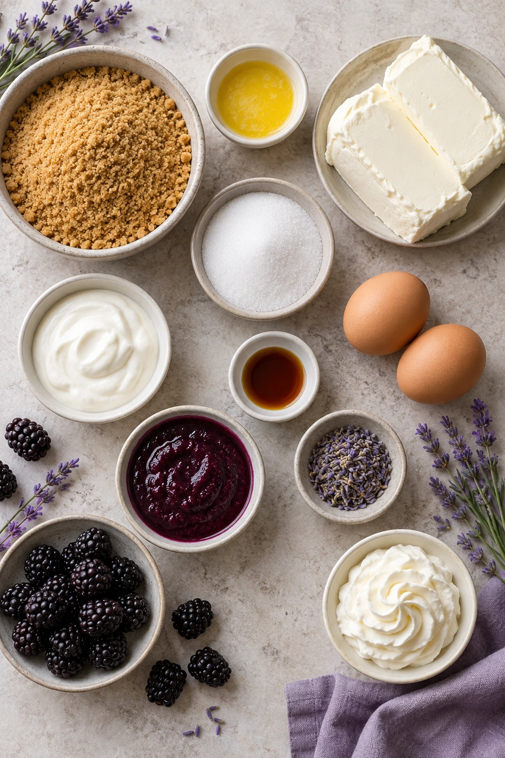 Exact measured ingredients for Luscious Blackberry Lavender Cheesecakes