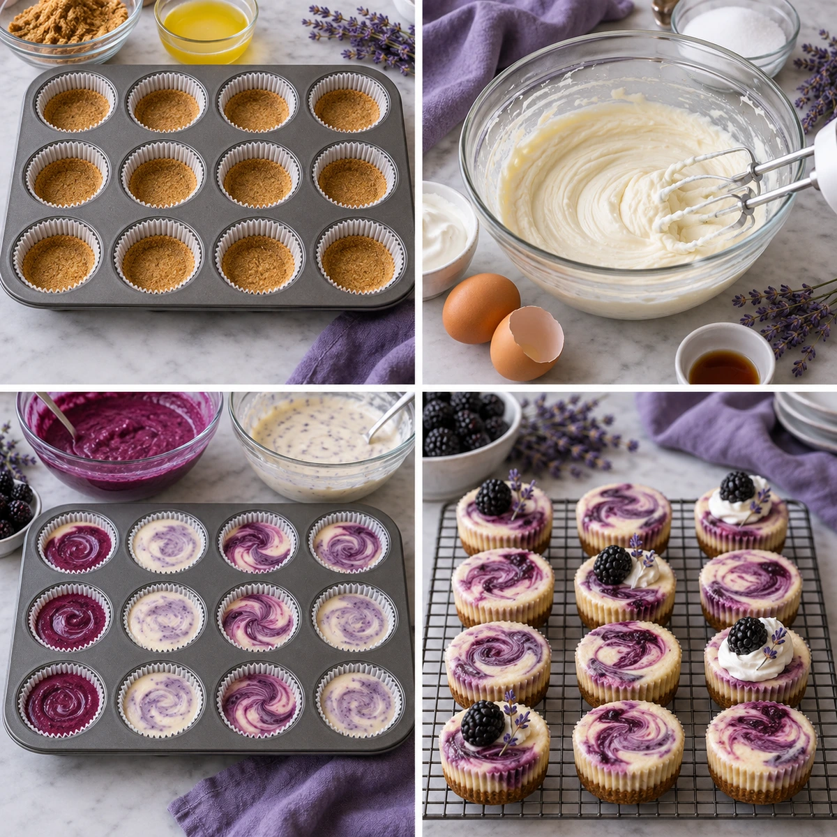 Four chronological preparation stages for Luscious Blackberry Lavender Cheesecakes