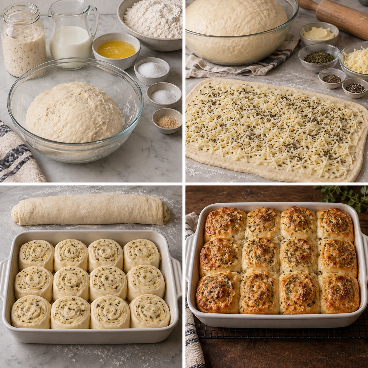 Four chronological preparation stages for Sourdough Herb and Cheese Rolls
