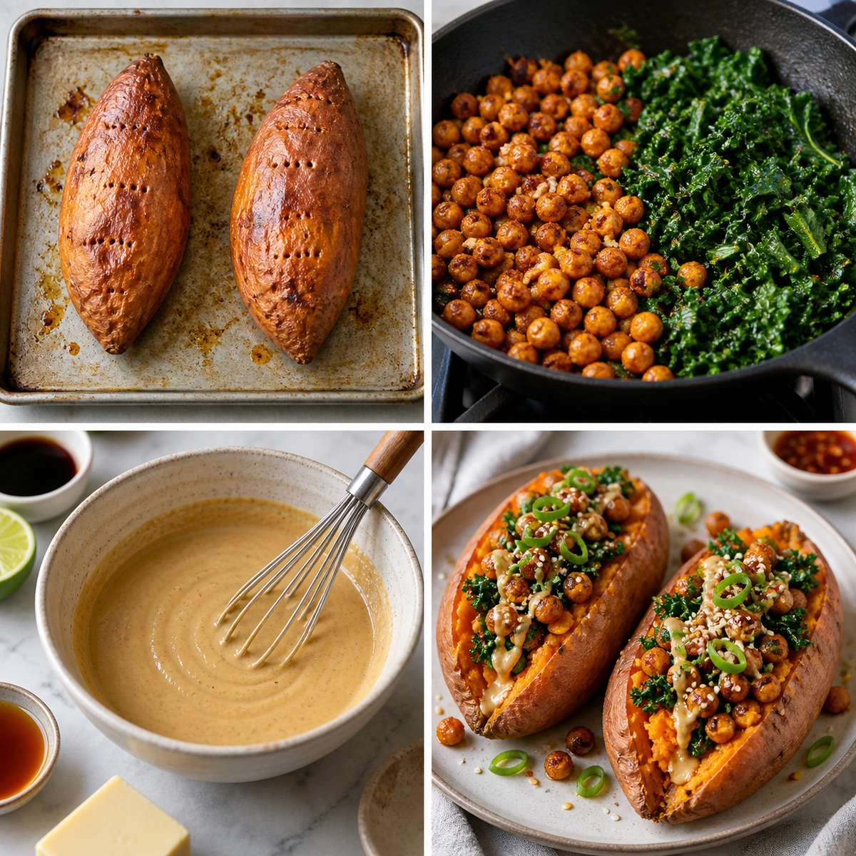 Four chronological preparation stages for Sweet Potatoes with Tahini Butter Chickpeas