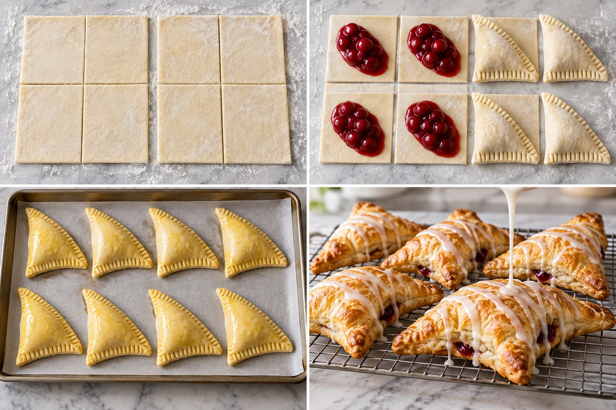 Four chronological preparation stages for Easy Cherry Turnovers