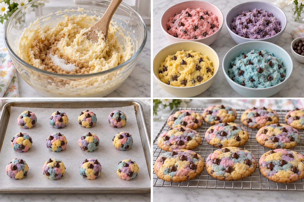 Four chronological preparation stages for Easter Chocolate Chip Cookies