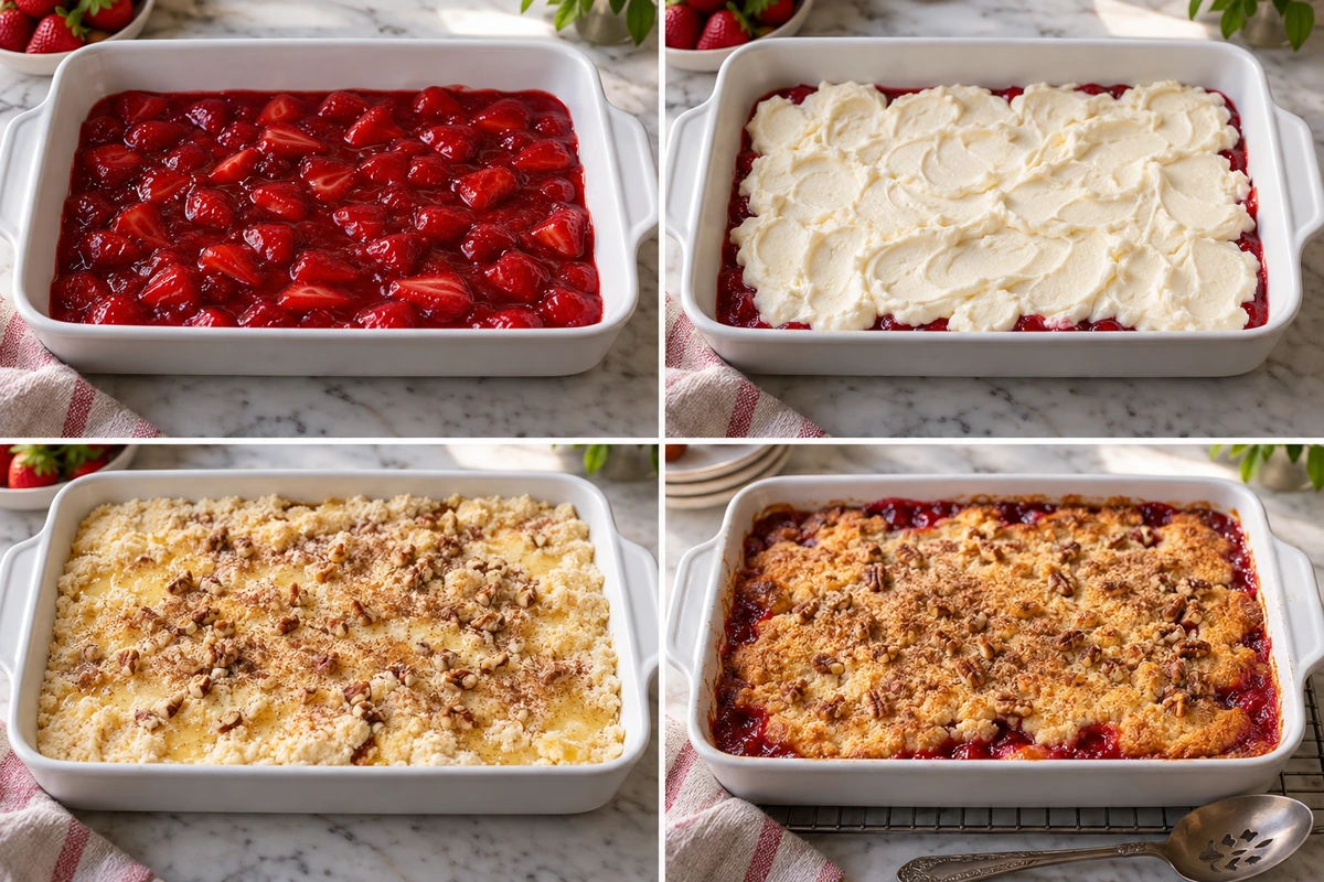 Four chronological preparation stages for Strawberry Cheesecake Dump Cake