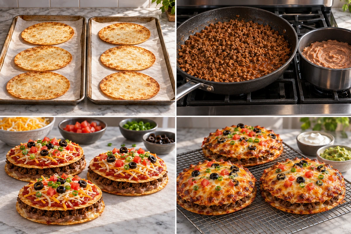 Four chronological preparation stages for Homemade Mexican Pizza
