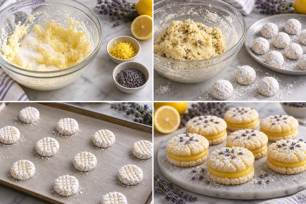 Four chronological preparation stages for Lemon Lavender Sandwich Cookies