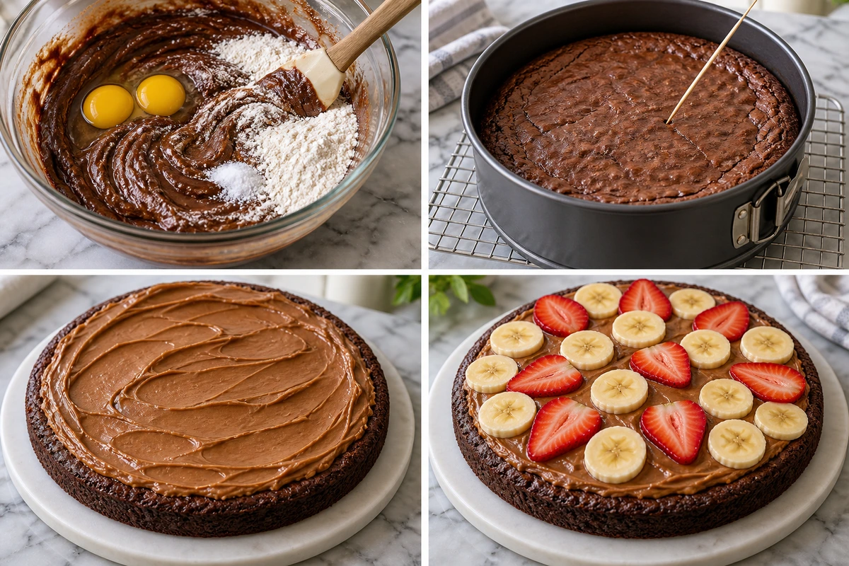 Four chronological preparation stages for Chocolate Peanut Butter Brownie Pizza