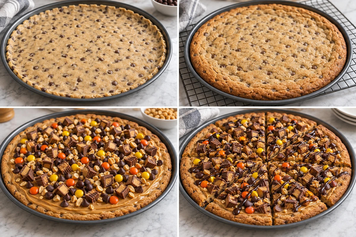 Four chronological preparation stages for Chocolate Peanut Butter Pizza