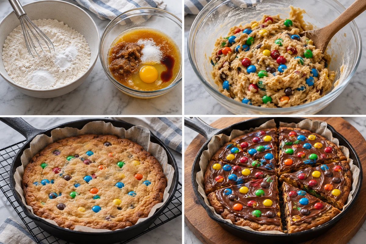Four chronological preparation stages for M&M Cookie Pizza