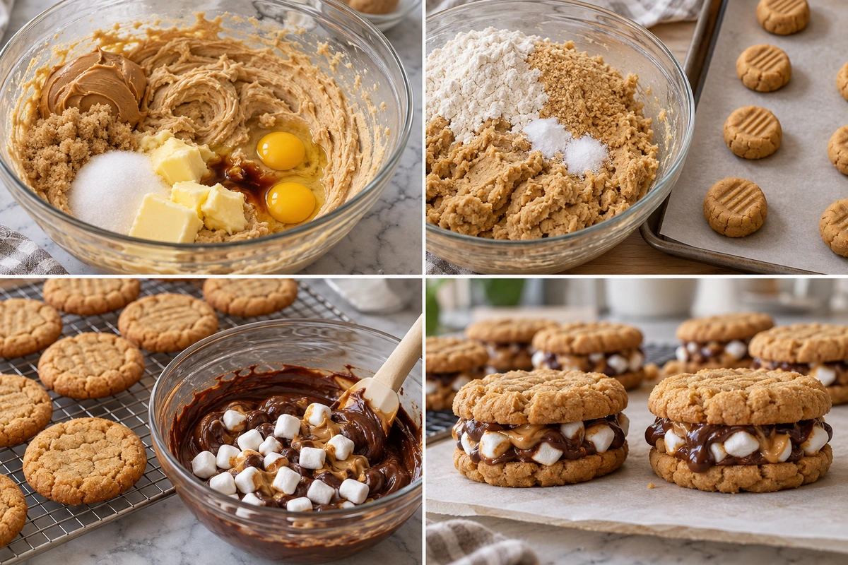 Four chronological preparation stages for Peanut Butter S'mores Sandwich Cookies