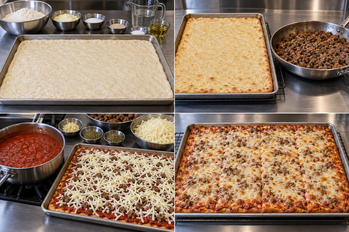Four chronological preparation stages for The Ultimate School Pizza