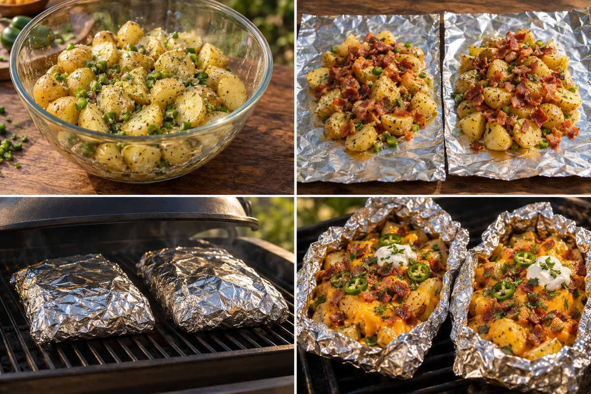 Four chronological preparation stages for Cheesy Bacon Ranch Potato Foil Packets