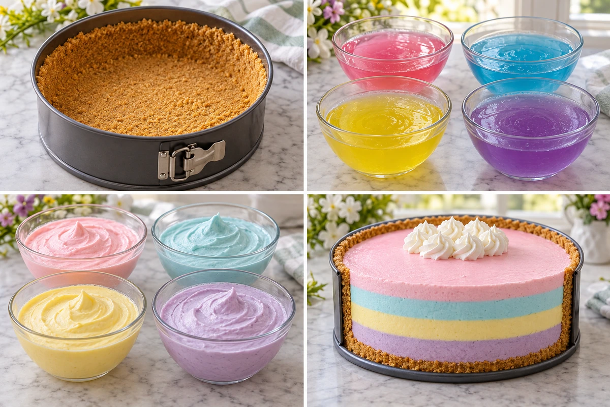 Four chronological preparation stages for Easter Jello-O Pie