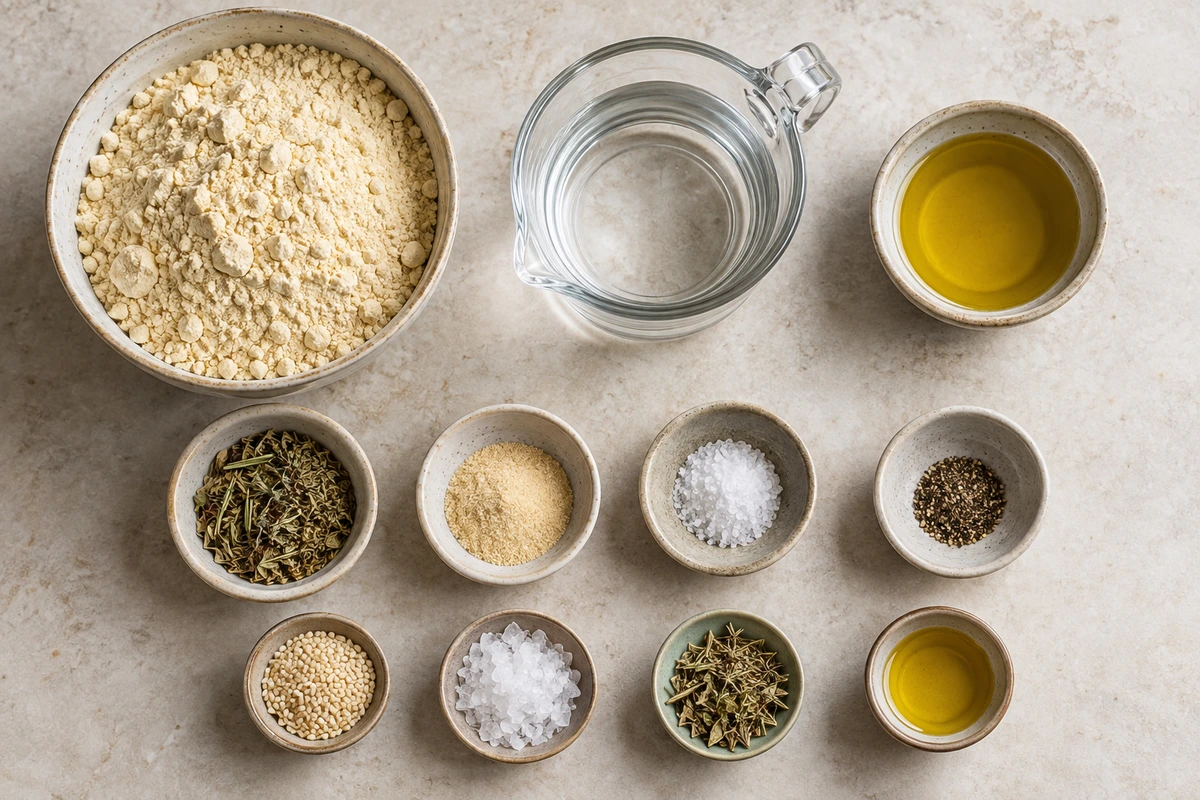 Exact measured ingredients for Garlic and Herb Chickpea Flour Snack Crackers