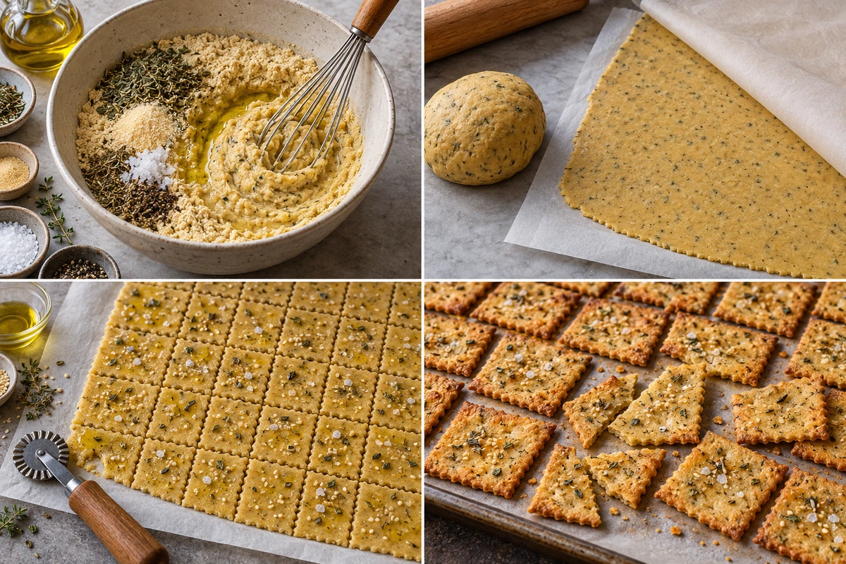 Four chronological preparation stages for Garlic and Herb Chickpea Flour Snack Crackers