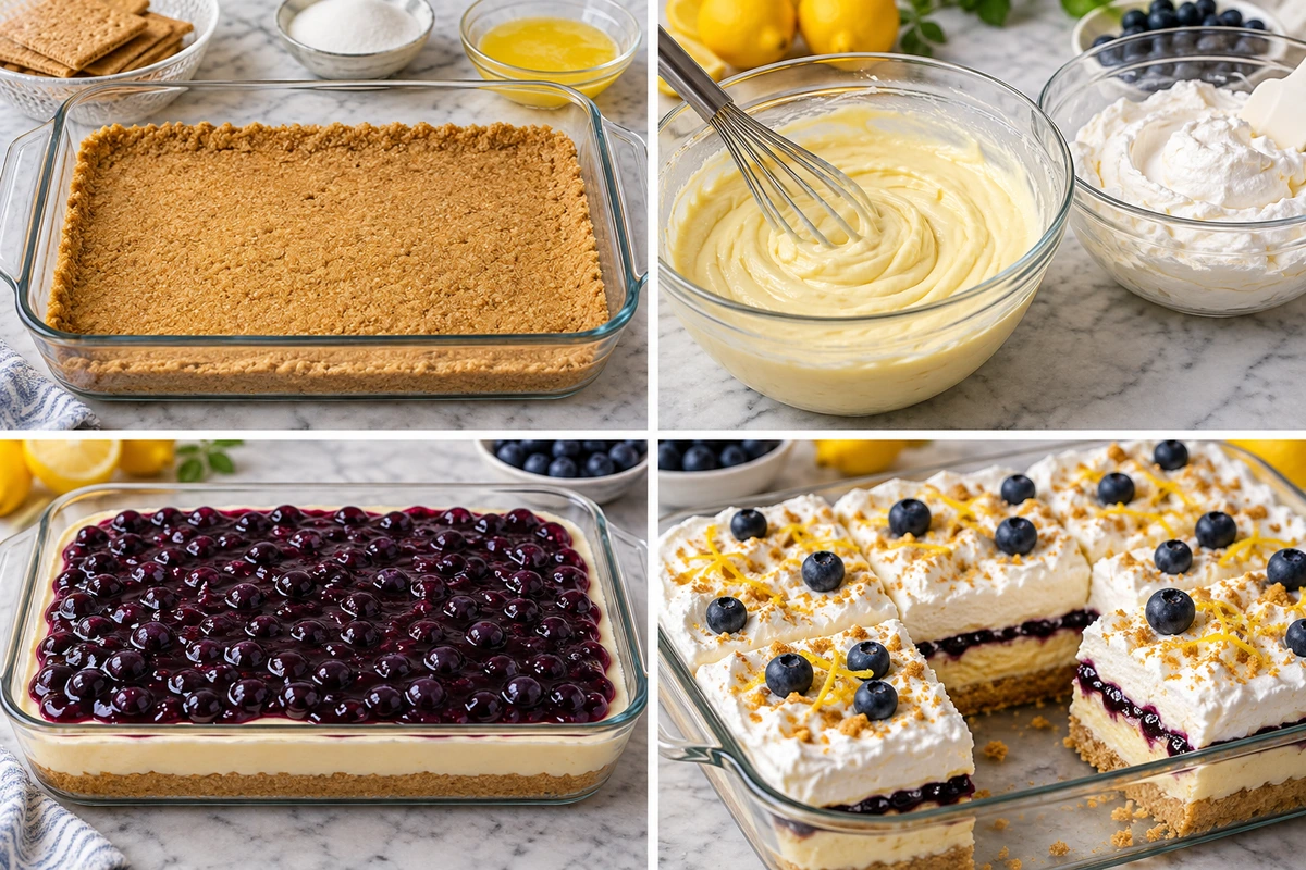 Four chronological preparation stages for Lemon Blueberry Delight