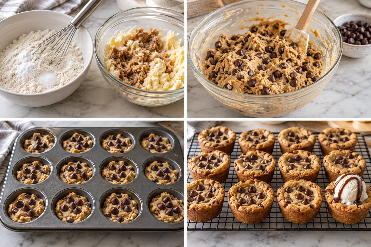Four chronological preparation stages for Peanut Butter Chocolate Chip Cookie Cups